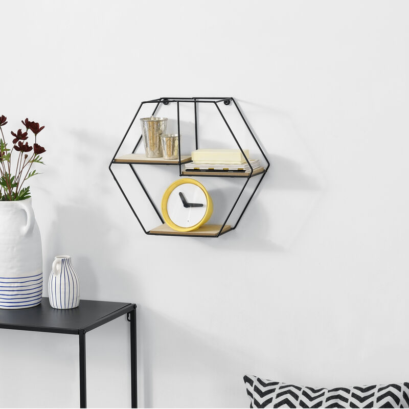 

Estante de Pared con 3 Capas de Almacenamiento - 40 x 12 x 35 cm - Estantería Hexagonal - Diseño moderno - Negro y Madera