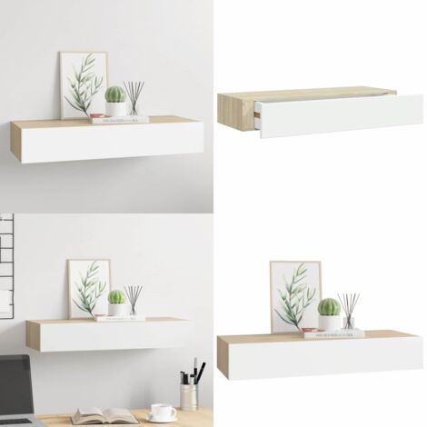 Estante de pared con cajón de MDF (roble y blanco, 60 x 23,5 x 10 cm) - Estantería con cajón - Estantería de madera