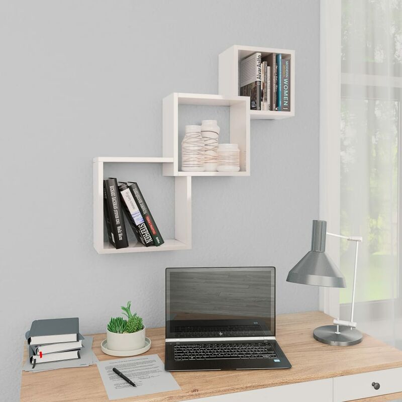 

Estante de pared cubo aglomerado blanco brillante 84,5x15x27 cm
