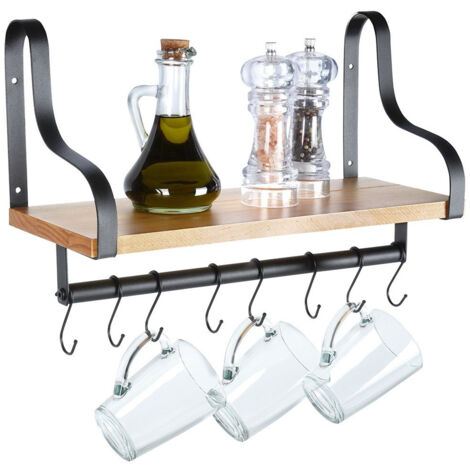 Estante de pared de madera con barandilla y ganchos, 43 x 18 x 26 cm