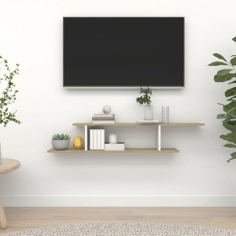 

Estante de pared de TV aglomerado blanco y Sonoma 125x18x23 cm
