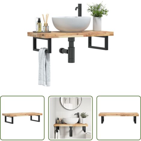 Estante de pared -  Estante de lavabo de pared acero y madera maciza de acacia