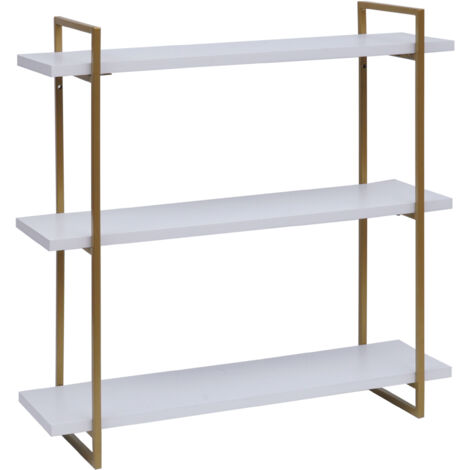 Estante de pared HHG-631, estante colgante, estante flotante, 3 estantes madera maciza industrial 60x60x18cm, blanco, metal dorado