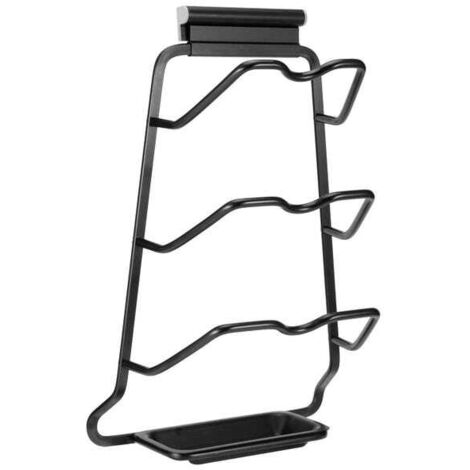 Estante de pared negro para guardar tapas de ollas, tablas de cortar y otros accesorios de cocina.