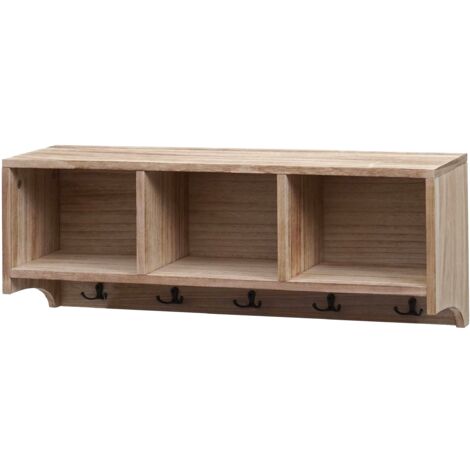 Estante de pared perchero de pared 3 compartimentos y 5 ganchos 30x80x20 cm madera marrón 040008655