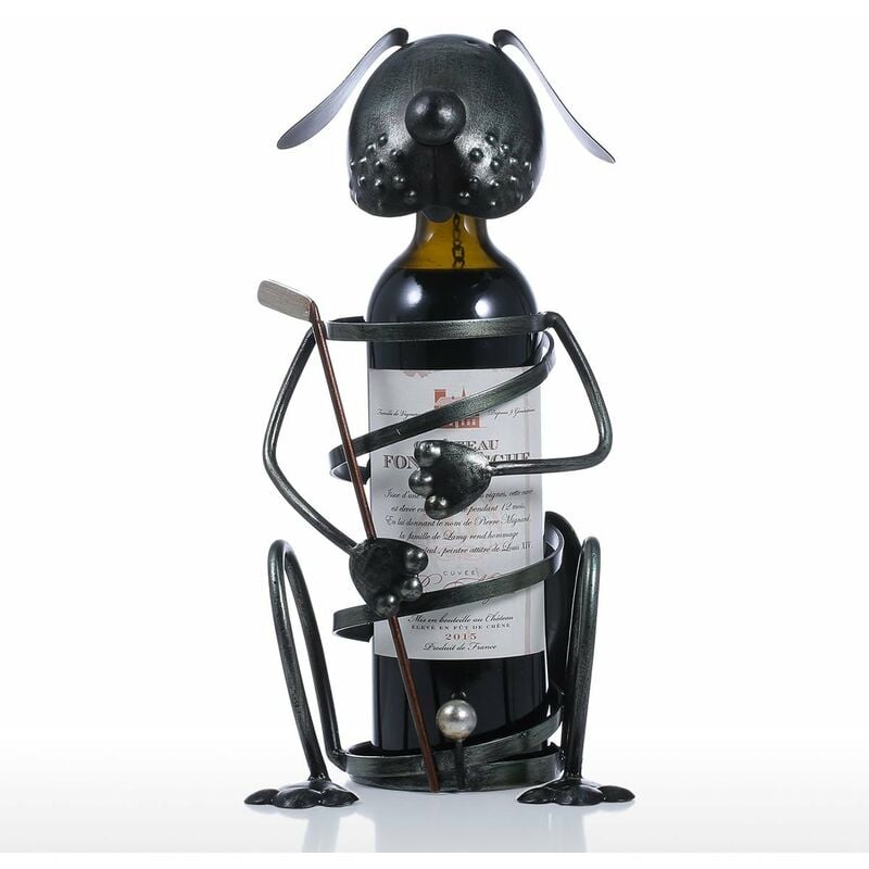 

Tooarts - Estante de vino para cachorros con golf, hierro, animal, estatuilla, soporte creativo para vino, adorno practico, regalo artesanal