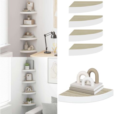 Estante esquina de pared 4 uds MDF roble y blanco 25x25x3,8 cm - Estante de pared - Estante de exhibición