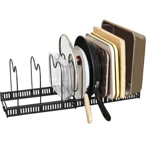 Estante extensible para guardar tapas de ollas, sartenes y cacerolas, con 12 compartimentos ajustables, ideal para armarios de cocina y despensa.