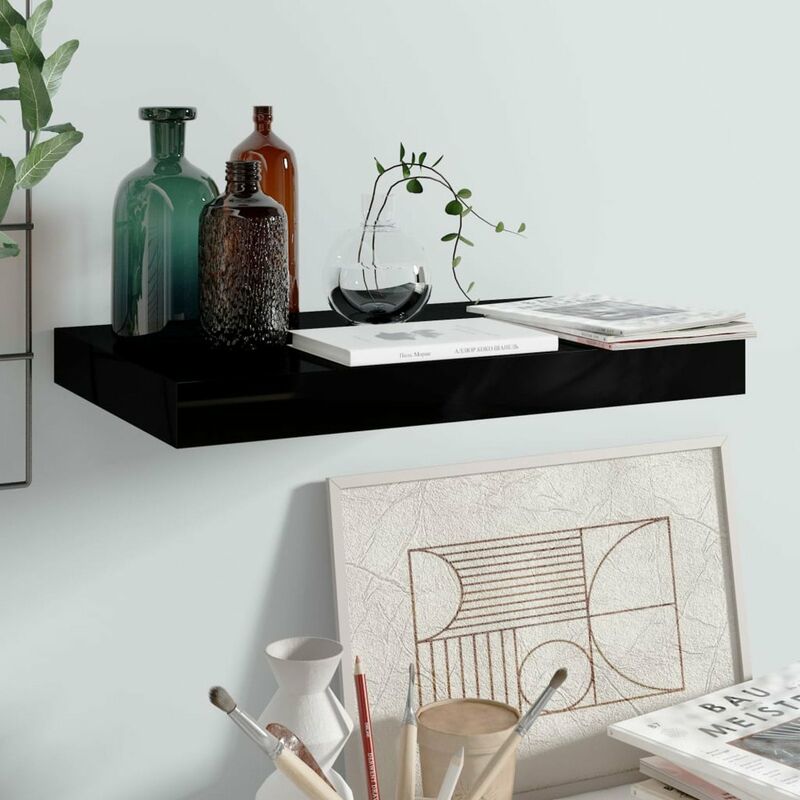 

Happyshopping - Estante flotante de pared negro con brillo MDF 40x23x3,8 cm