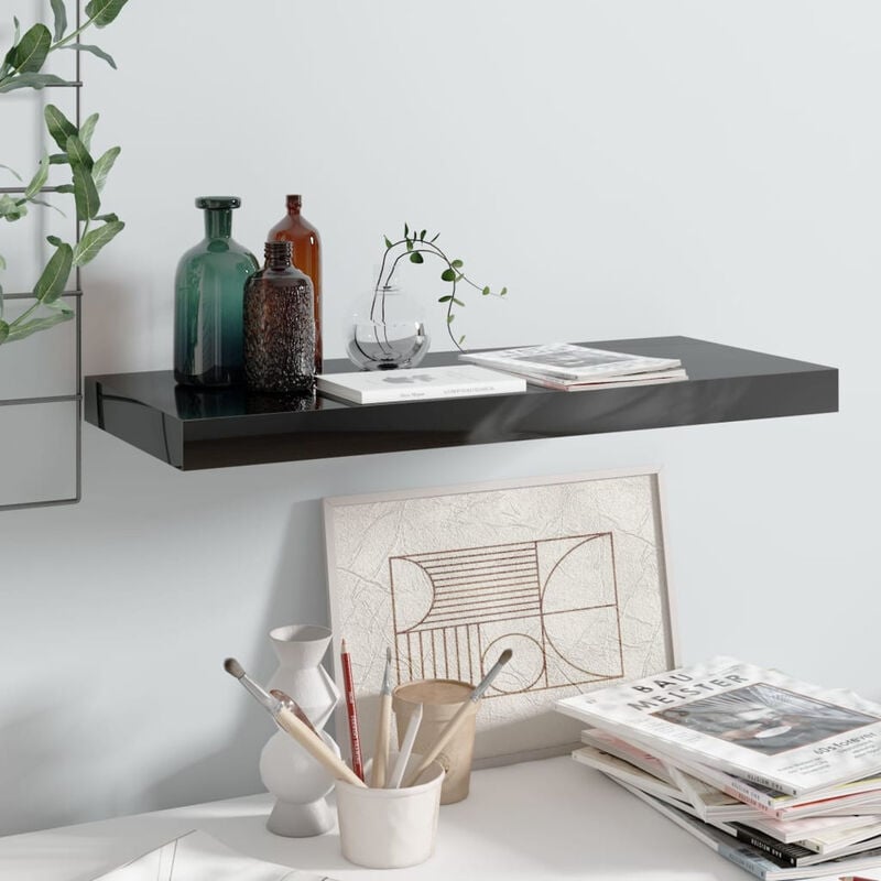 

Estante flotante de pared negro con brillo MDF 60x23,5x3,8 cm
