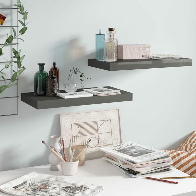 

Estante flotante pared 2 uds gris brillo MDF 50x23x3,8 cm