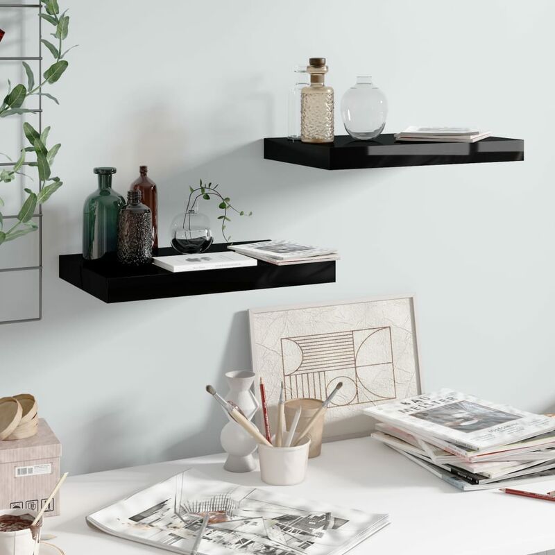 

Estante flotante pared 2 uds negro brillo MDF 40x23x3,8 cm