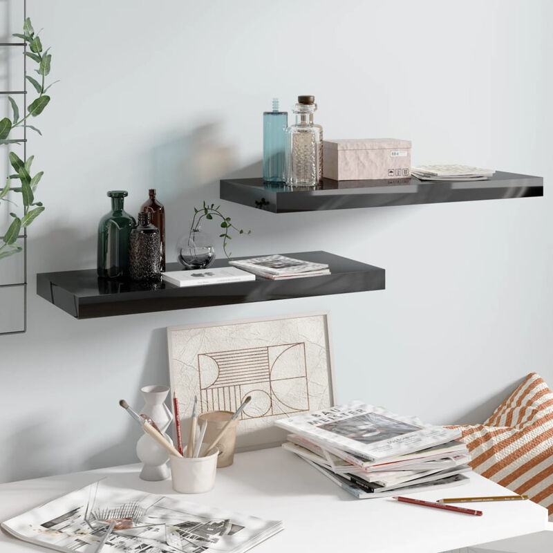 

Estante flotante pared 2 uds negro brillo MDF 60x23,5x3,8 cm