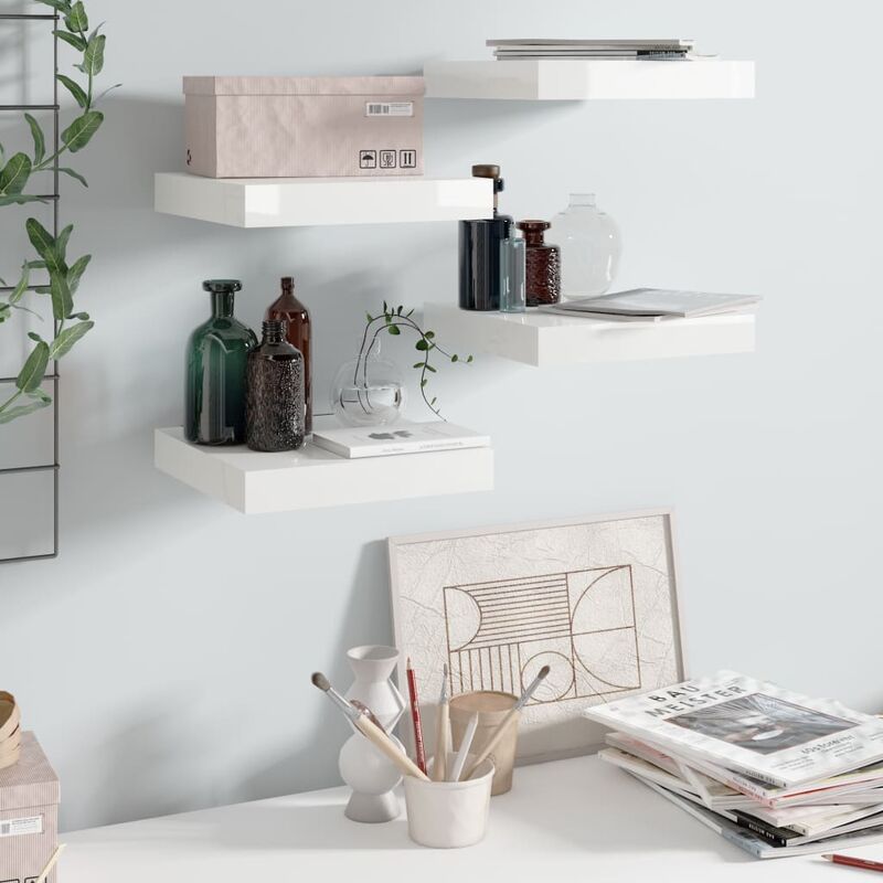 

Estante flotante pared 4 uds blanco brillo MDF 23x23,5x3,8 cm