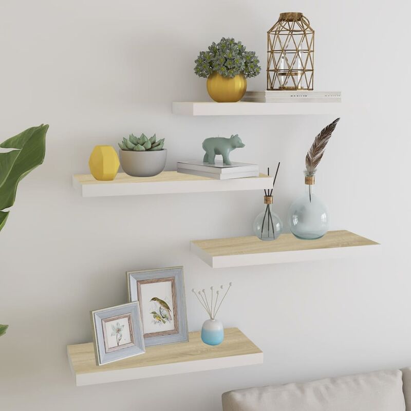 

Estante flotante pared 4 uds blanco y roble MDF 60x23,5x3,8 cm