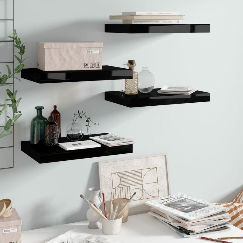

Estante flotante pared 4 uds negro brillo MDF 40x23x3,8 cm