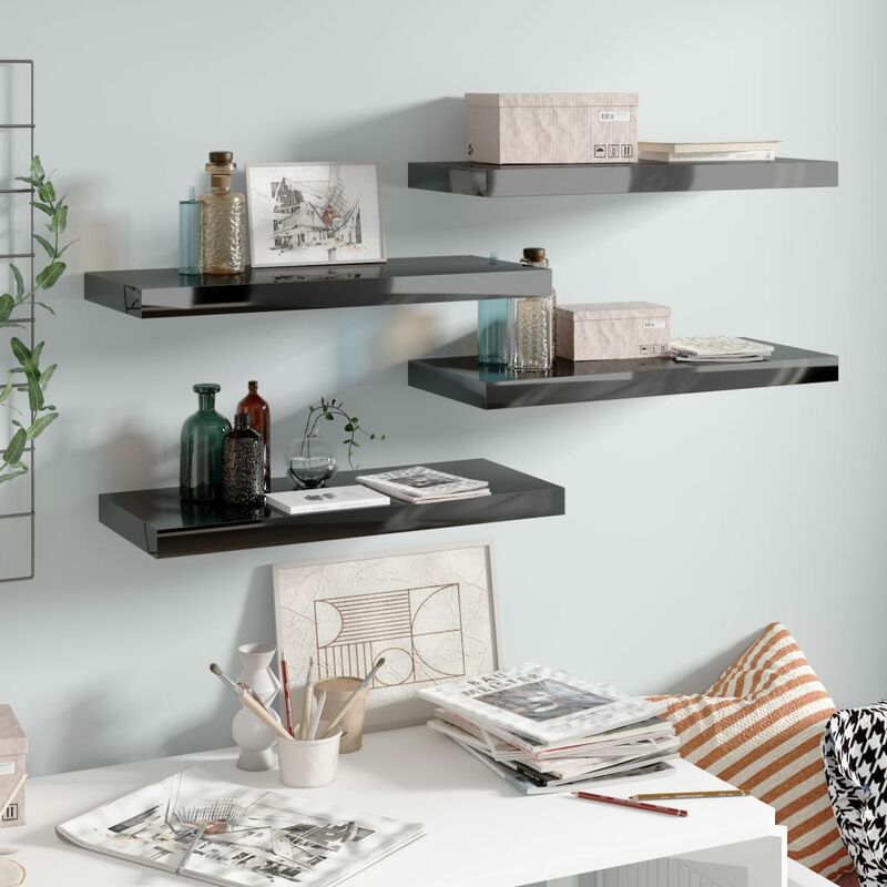 

Estante flotante pared 4 uds negro brillo MDF 60x23,5x3,8 cm