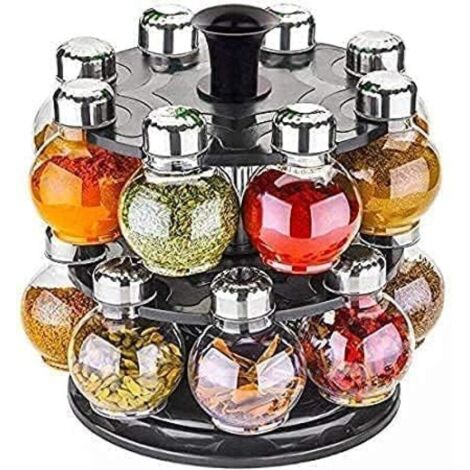 Estante giratorio multifuncional grande para especias - Juego de almacenamiento de especias 16 en 1  Estante de cocina resistente y duradero (Negro)