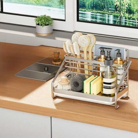 Estante lineal de cocina de acero inoxidable con drenaje eficiente, fácil instalación y diseño compacto, 251517 cm, color metalizado.