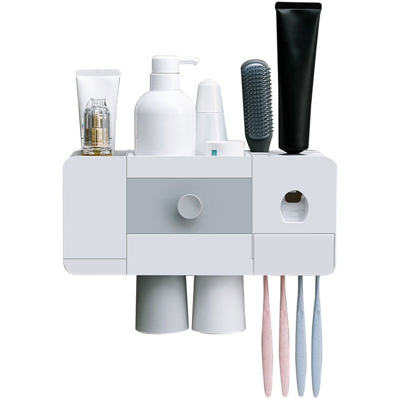 

Estante para cepillos de dientes con dispensador automatico de pasta de dientes Exprimidor Soporte para cepillos de dientes montado en la pared