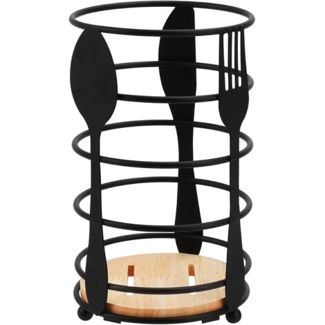 Estante para cubiertos de acero inoxidable, soporte para cubiertos con base de madera y diseño en espiral, para almacenamiento en la cocina, encimera y mesa, accesorio de cocina estable (negro)