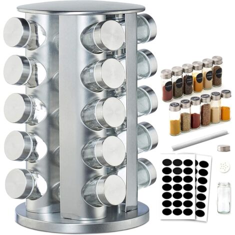 Estante para especias, estantes giratorios de 360°, carrusel de acero inoxidable 430, estante para almacenar especias, 20 frascos de vidrio con tapas, almacenamiento de cocina independiente