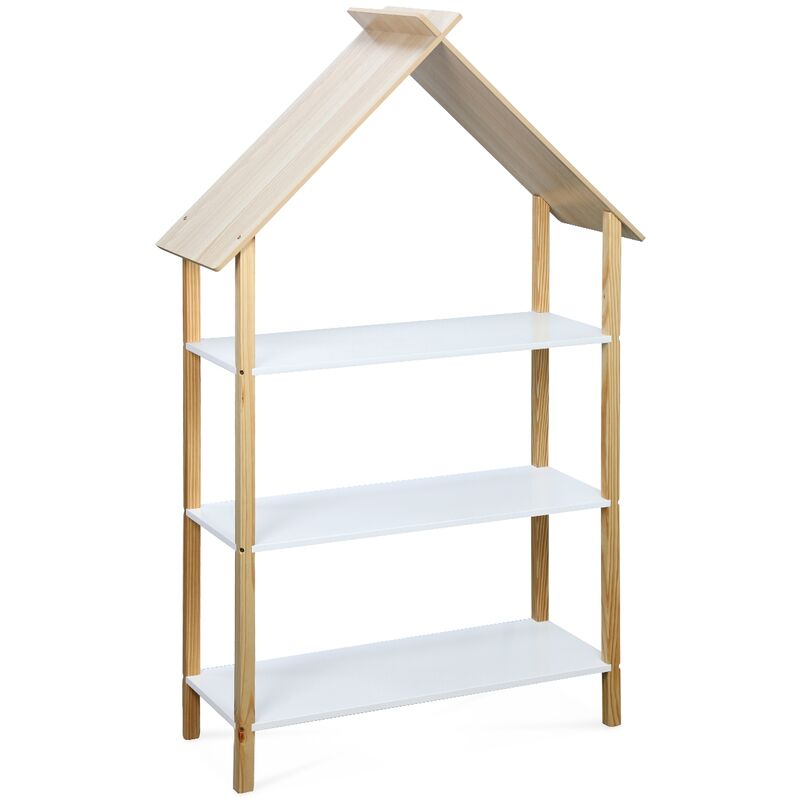 

Estantería para dormitorio infantil, 3 niveles con techo - Tobias - Madera maciza de pino blanco natural - 79x28x130cm - Blanco y natural