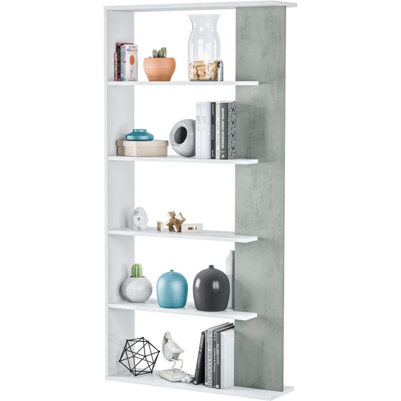 

Estantería 5 baldas estilo moderno librería color blanco y cemento 90x25x180 cm