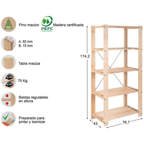 ASTIGARRAGA EVM45799 - Estantería alistonada Serie Evolution 5, 76,7x43x175cm, Pino Macizo