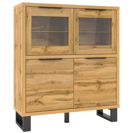 Estantería Avicavu 103, Roble wotan + Negro, Con puertas, Cerrable, Vidrio templado, Aglomerado laminado, Número de puertas: 4, Número de cajones: 0, 140x120x45cm