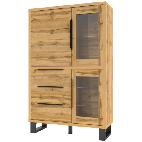 Estantería Avicavu 104, Roble wotan + Negro, Cerrable, Con cajones, Con puertas, Aglomerado laminado, Vidrio templado, Número de puertas: 0, Número de cajones: 0, 190x120x45cm