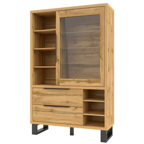 Estantería Avicavu 105, Roble wotan + Negro, Con puertas, Cerrable, Con cajones, Vidrio templado, Aglomerado laminado, Número de puertas: 1, Número de cajones: 2, 190x120x45cm