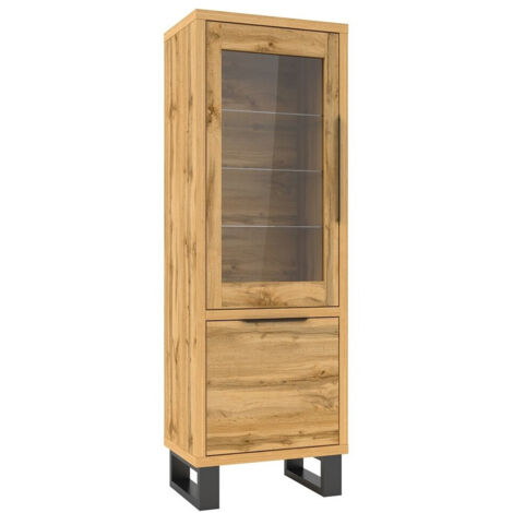 Estantería Avicavu 108, Roble wotan + Negro, Con puertas, Cerrable, Vidrio templado, Aglomerado laminado, Número de puertas: 2, Número de cajones: 0, 190x64x45cm
