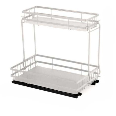 Estantería bajo el fregadero con cestas deslizantes, organizador multinivel para cocina y baño, color blanco.