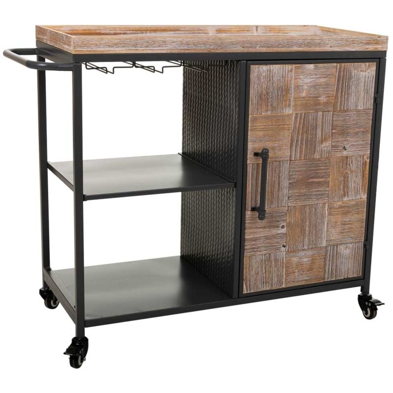 Wanderlust Deco - Estantería botellero con ruedas de madera y metal gris 100x40x83,5