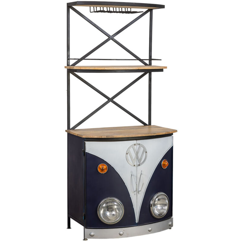 Wanderlust Deco - Estantería botellero furgoneta de madera y metal azul 75x60x180