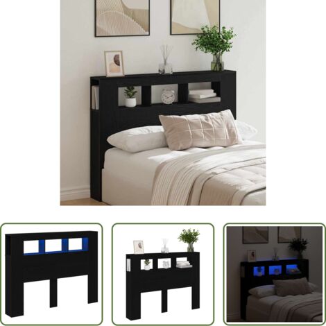 Estantería -  Cabecero LED con estante Roble negro 140 x 18.5 x 103.5 cm