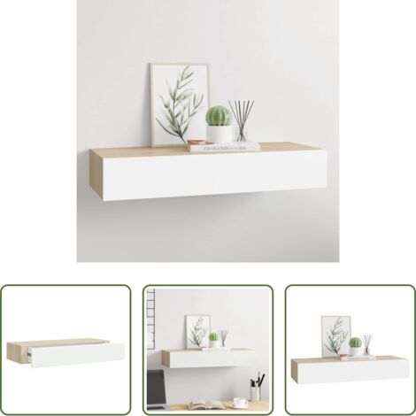 Estantería con cajón -  Estante de pared con cajón de MDF (roble y blanco, 60 x 23,5 x 10 cm)