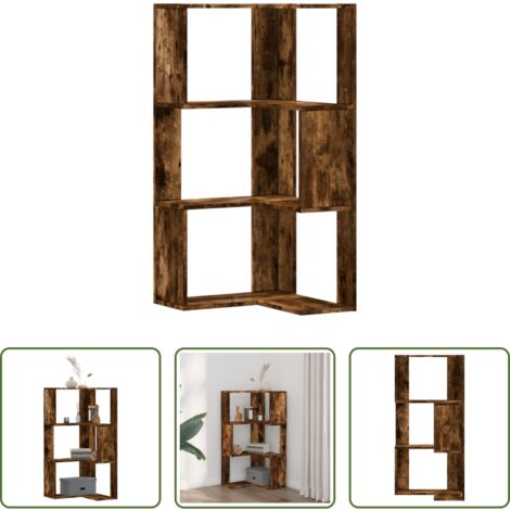 Estantería de 3 niveles -  Estantería esquina 3 niveles madera roble ahumado 50x50x102 cm