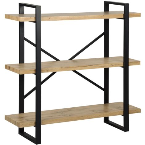 Estantería de 3 niveles madera clara con marco de metal negro estantes abiertos industrial con respaldo cruzado minimalista Timber