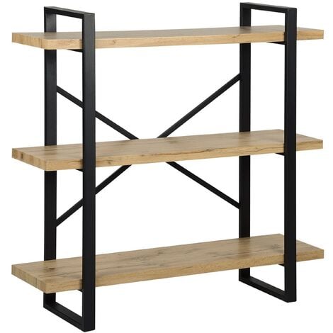 Estantería de 3 niveles madera clara con marco de metal negro estantes abiertos industrial con respaldo cruzado minimalista Timber - Madera clara