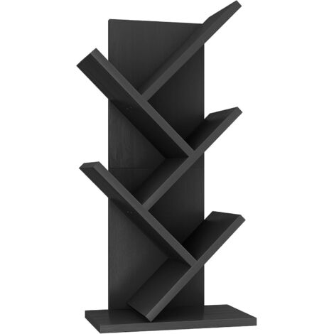 Estantería de 4 niveles con forma de árbol, librería independiente, estante de almacenamiento para revistas y CD, para sala de estar, dormitorio u oficina, 30×17×60 cm, negra