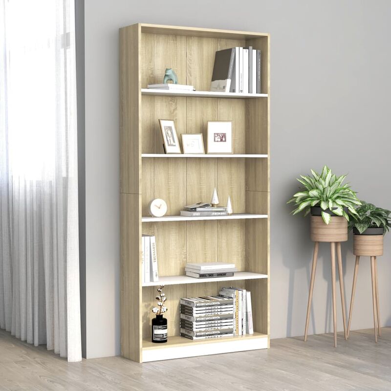 

Estantería de 5 niveles aglomerado blanco y Sonoma 80x24x175 cm