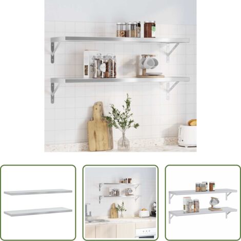 Estantería de acero inoxidable -  Estantes de pared 2 uds acero inoxidable plateado 100x30x3 cm