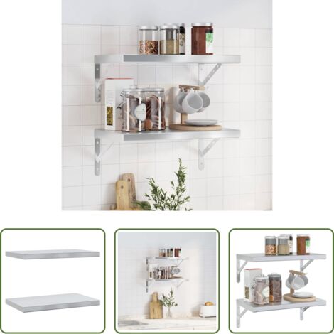 Estantería de acero inoxidable -  Estantes de pared 2 uds acero inoxidable plateado 50x30x3 cm