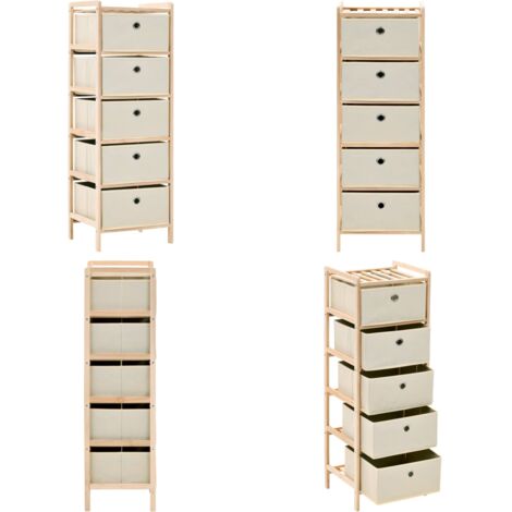 Estantería de almacenaje 5 cestas de tela madera de cedro beige - Estante de madera - Cestas de tela
