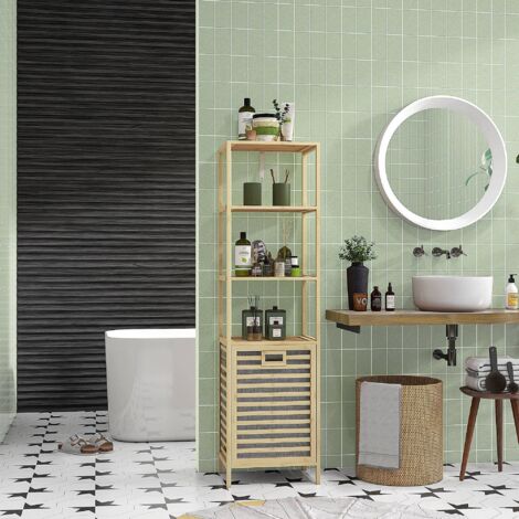 Estantería de Almacenaje Mueble de Baño con 3 Estantes y 1 Cesto para Ropa Sucia Desmontable 44x33x160 cm Natural