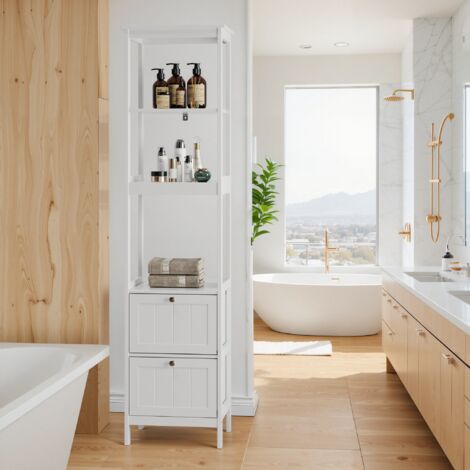 Estantería de almacenaje, mueble de pared para baño, MDF blanco, 2 cajones + 3 estantes, 40x30x160 cm, blanco