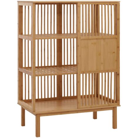 Estantería de bambú de pie estilo atemporal 115x80x45 cm con puerta corredera 3 estantes de bambú barnizado 040009777