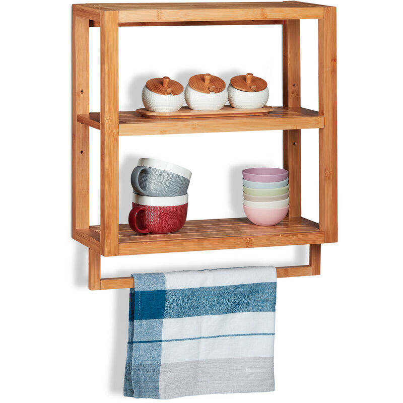 

Estantería de bambú, Tres estantes, Toallero, Balda extraíble, De pared, Marrón, 58,5x52x21 cm